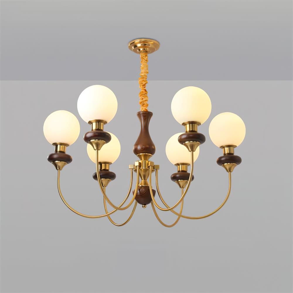 Chandelier Brass Curved Arms Walnut Vintage - Neutralighting