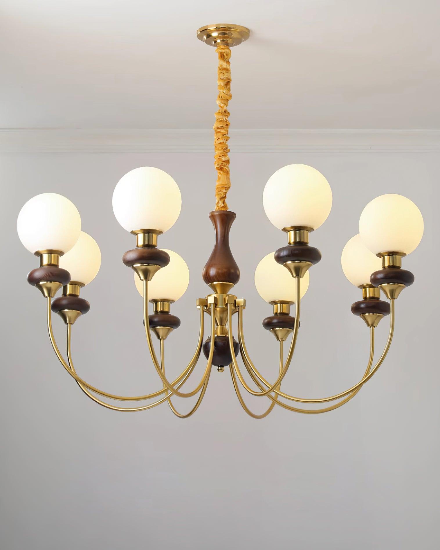 Chandelier Brass Curved Arms Walnut Vintage - Neutralighting