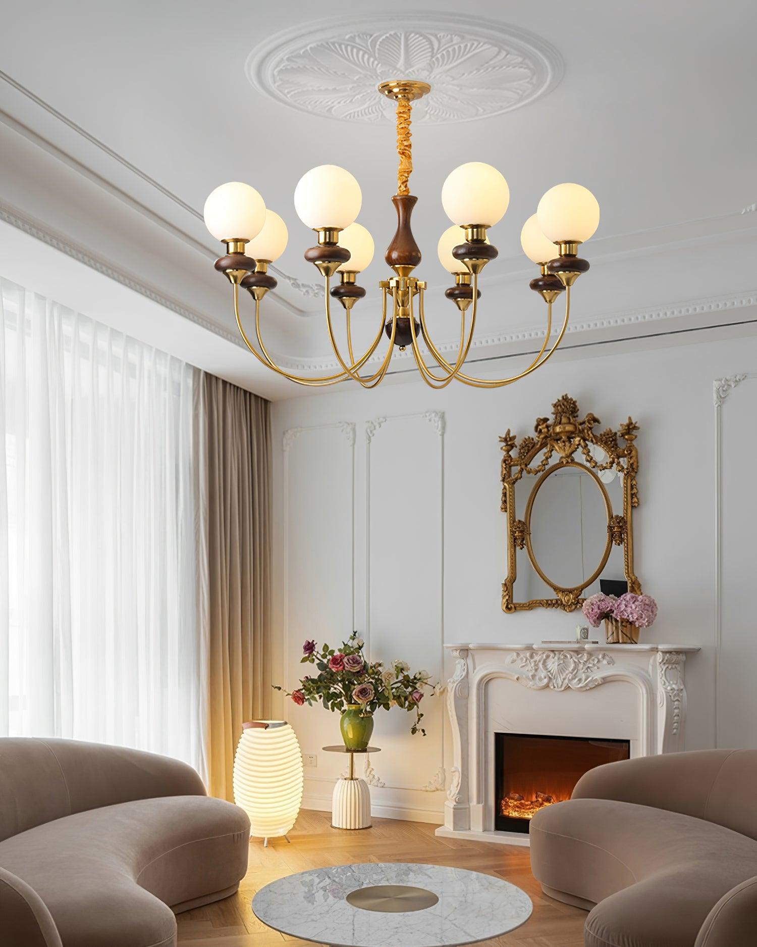 Chandelier Brass Curved Arms Walnut Vintage - Neutralighting