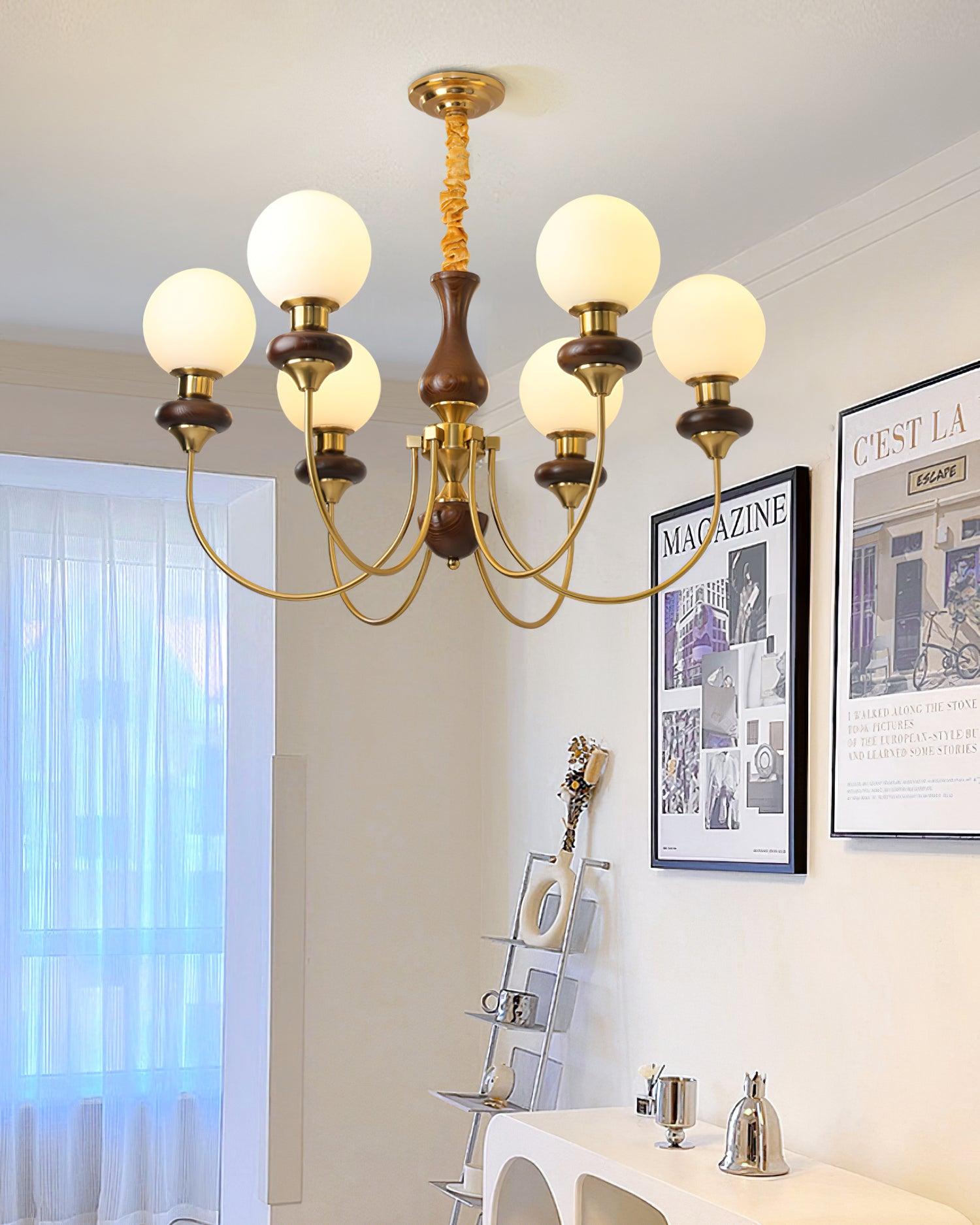 Chandelier Brass Curved Arms Walnut Vintage - Neutralighting