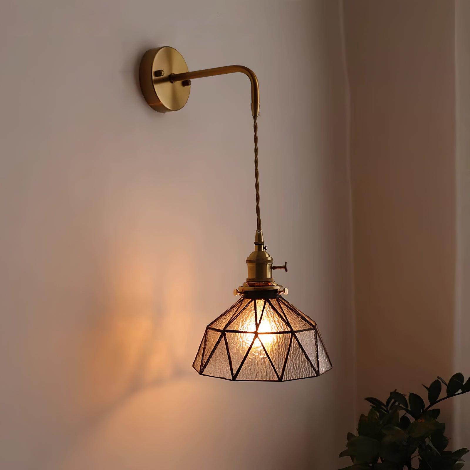 Wall Lamp Geometric Stained Glass Shade Vintage Brass Arm Pastoral - Neutralighting