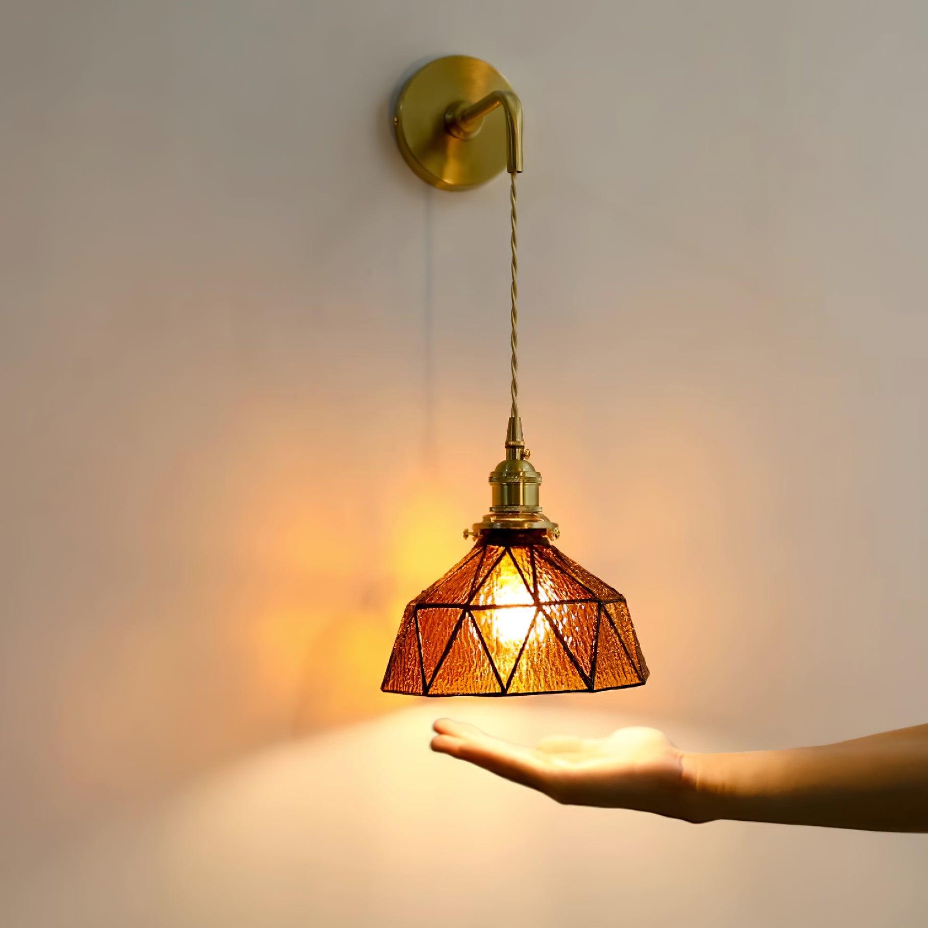 Wall Lamp Geometric Stained Glass Shade Vintage Brass Arm Pastoral - Neutralighting