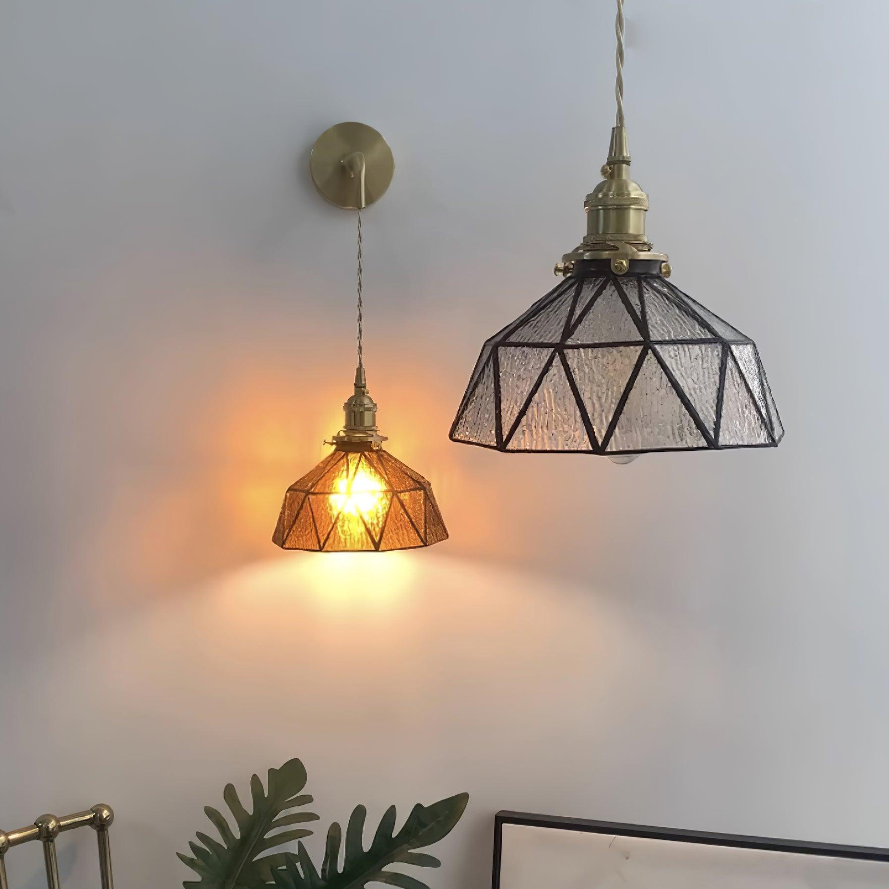 Wall Lamp Geometric Stained Glass Shade Vintage Brass Arm Pastoral - Neutralighting