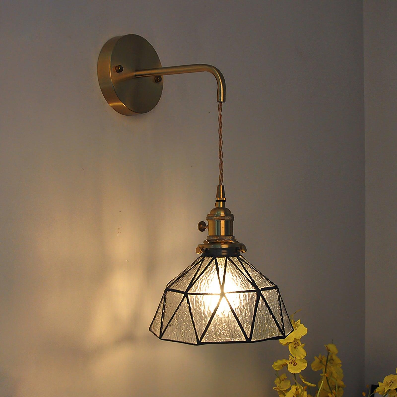 Wall Lamp Geometric Stained Glass Shade Vintage Brass Arm Pastoral - Neutralighting