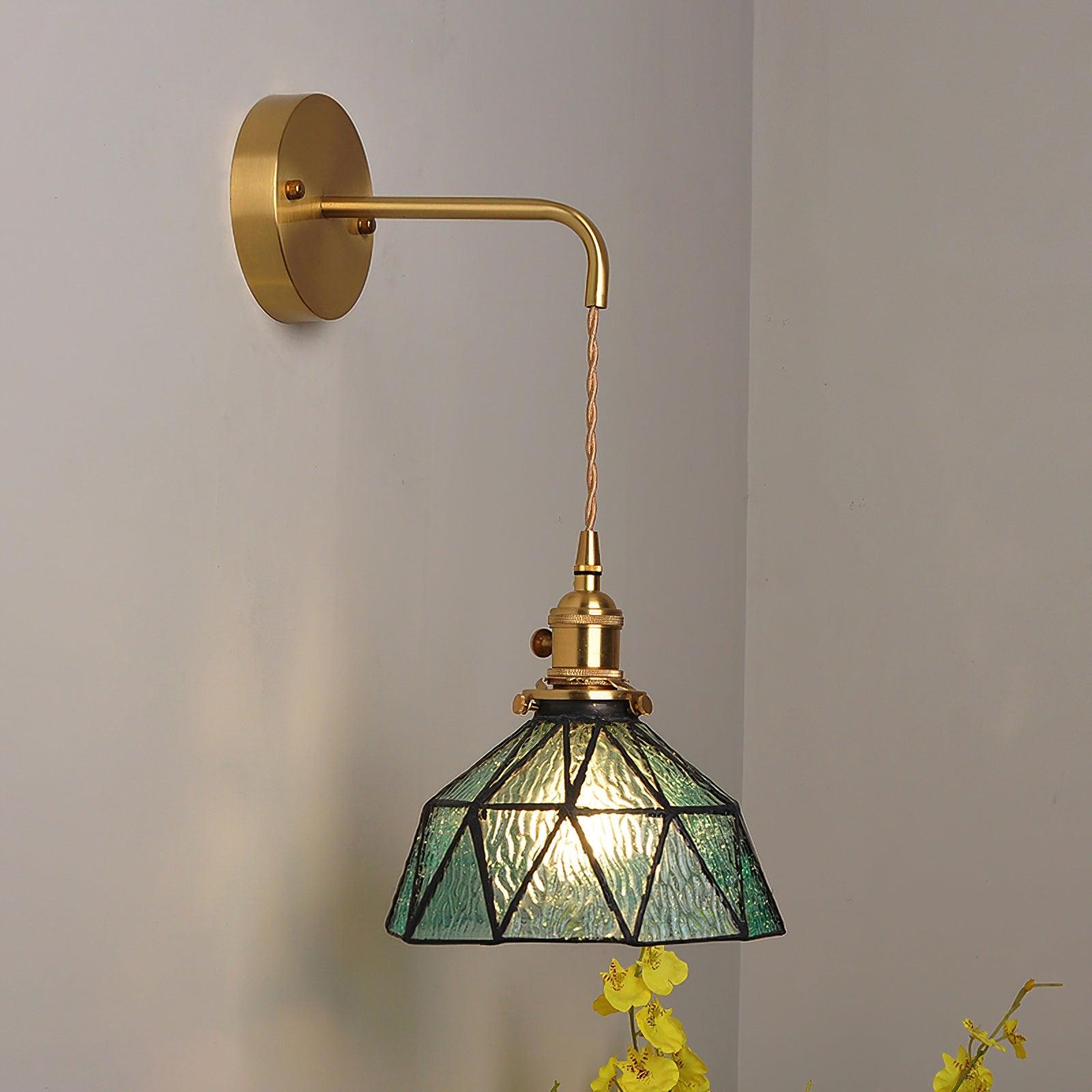 Wall Lamp Geometric Stained Glass Shade Vintage Brass Arm Pastoral - Neutralighting