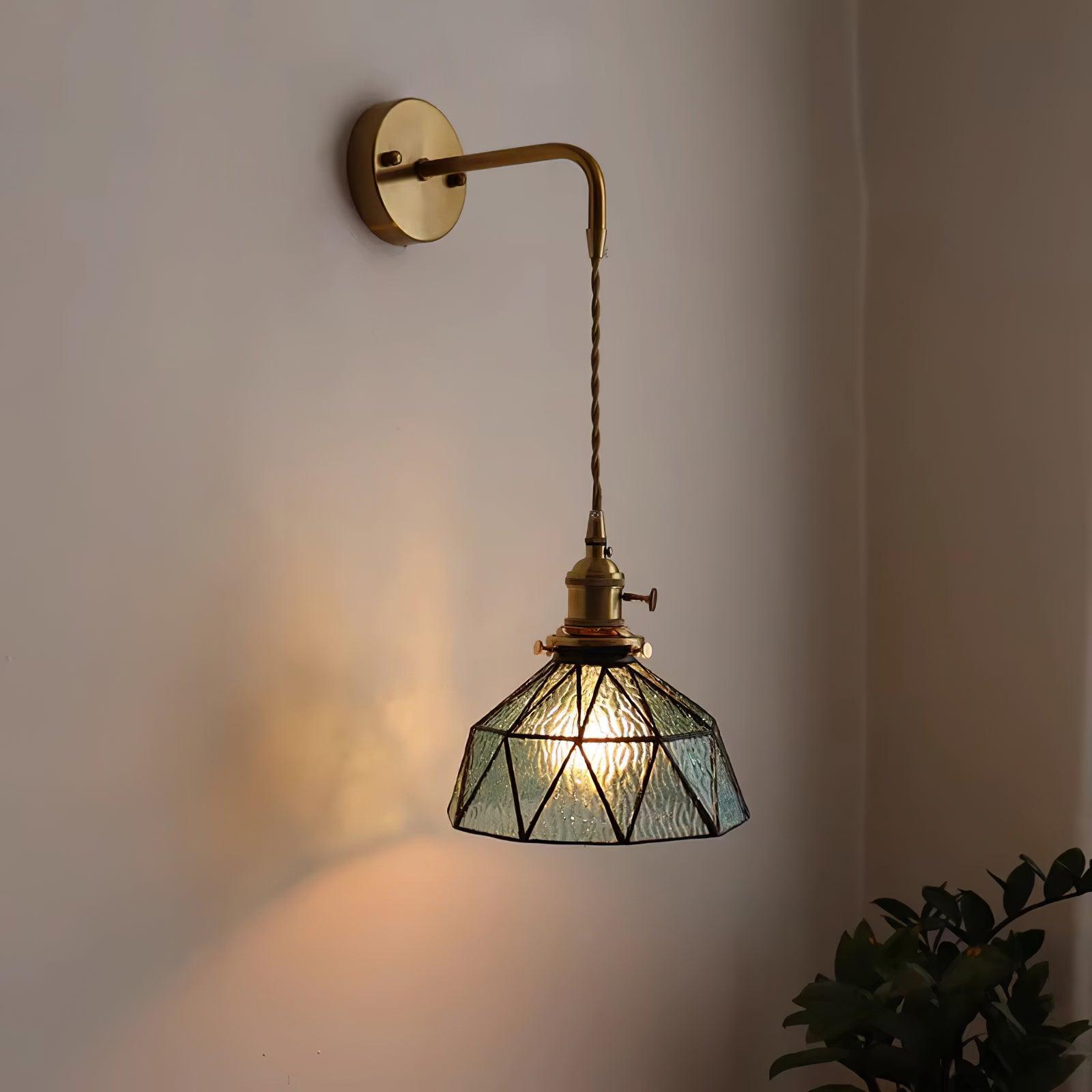 Wall Lamp Geometric Stained Glass Shade Vintage Brass Arm Pastoral - Neutralighting