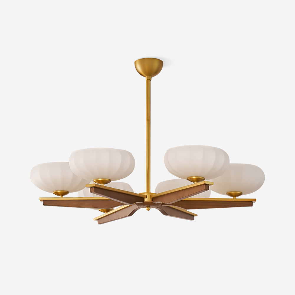 Chandelier Walnut Wood Arms and Opal Glass Shades Midcentury - Neutralighting
