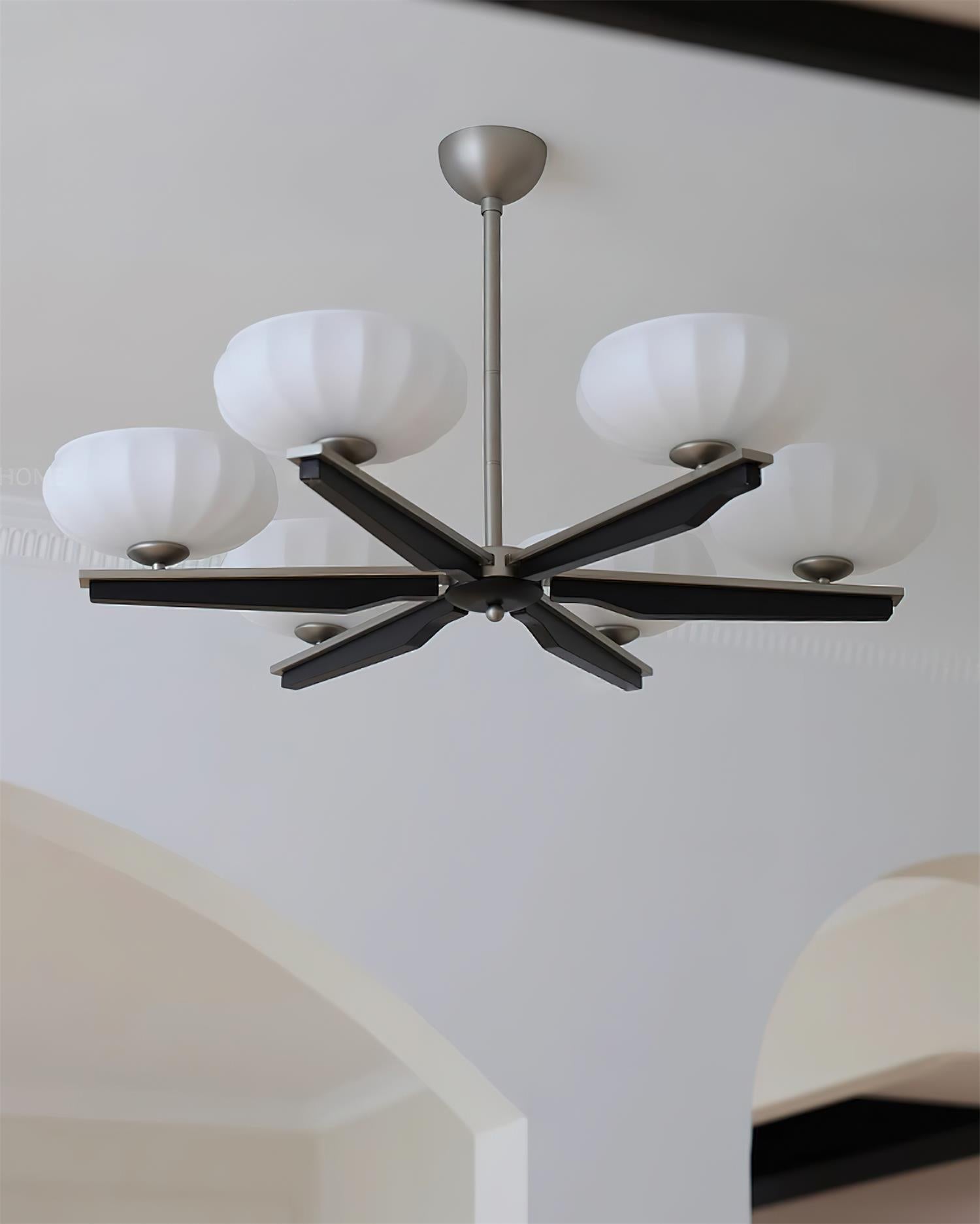 Chandelier Walnut Wood Arms and Opal Glass Shades Midcentury - Neutralighting