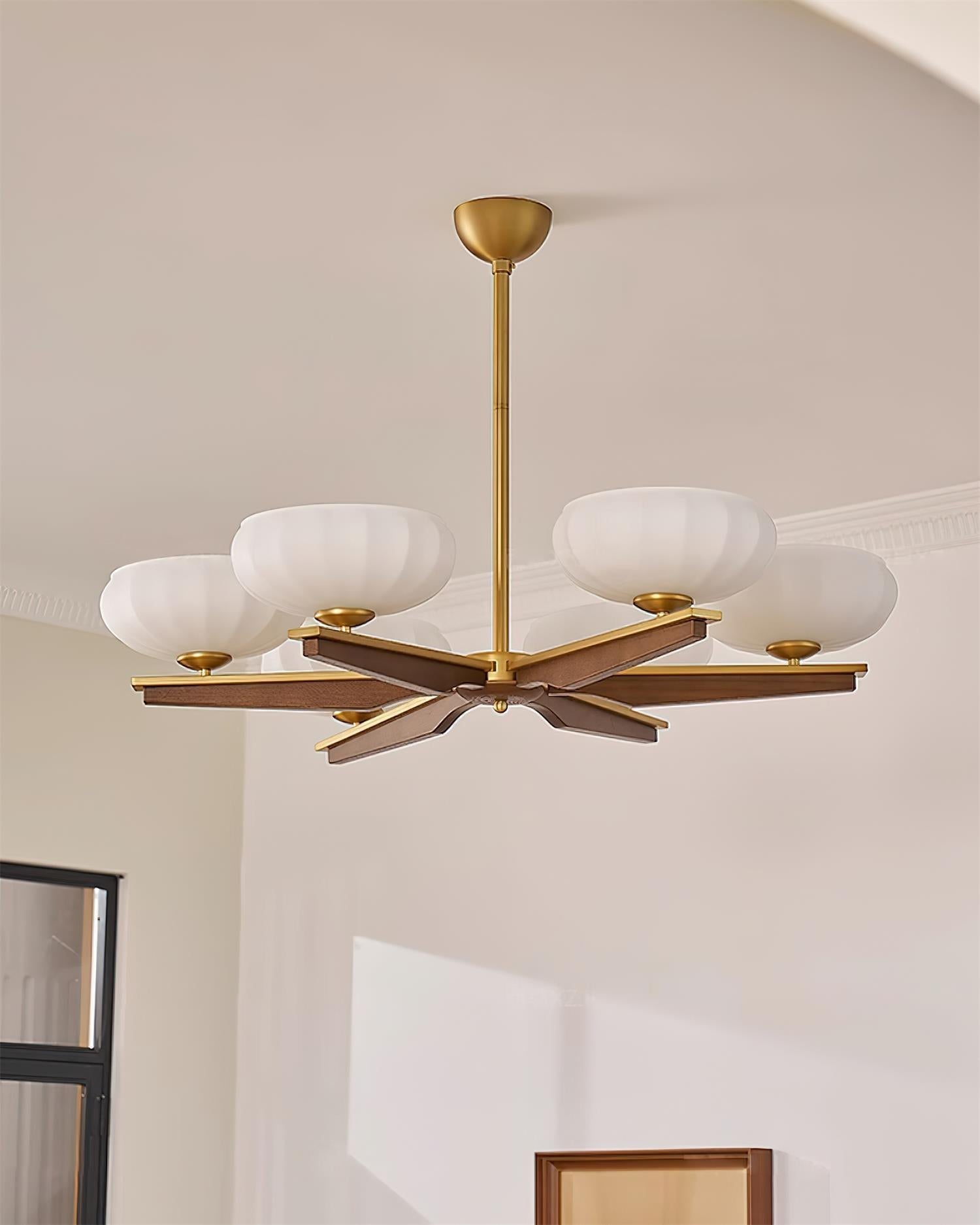 Chandelier Walnut Wood Arms and Opal Glass Shades Midcentury - Neutralighting