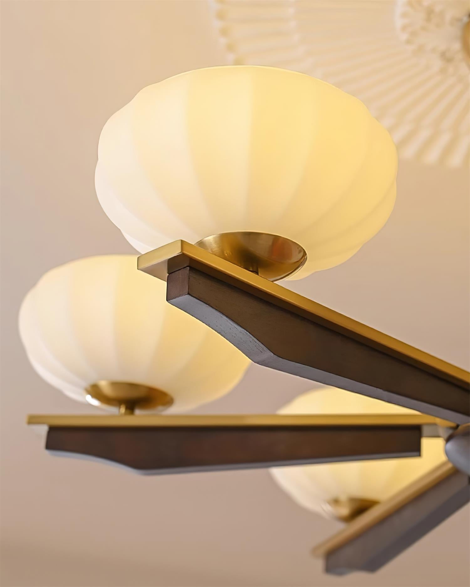 Chandelier Walnut Wood Arms and Opal Glass Shades Midcentury - Neutralighting
