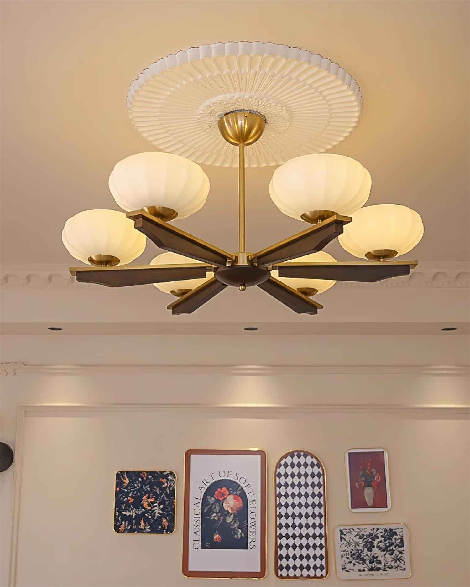 Chandelier Walnut Wood Arms and Opal Glass Shades Midcentury - Neutralighting