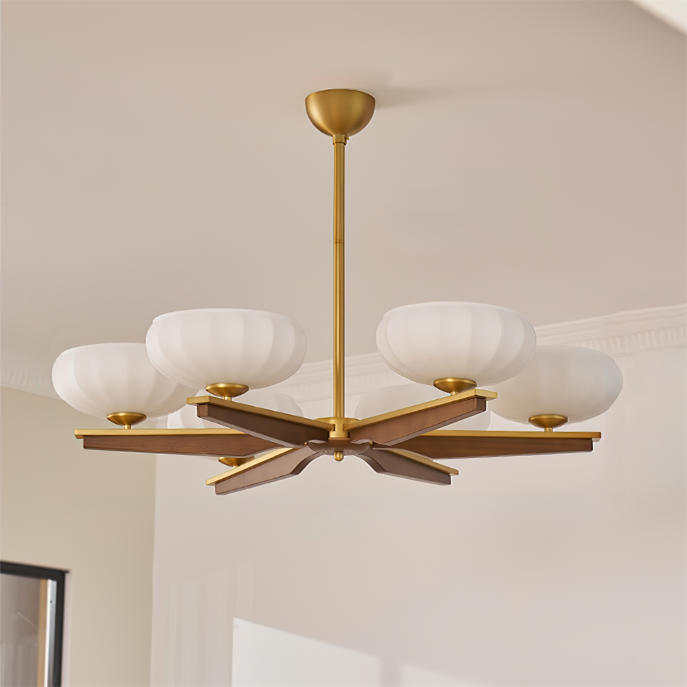 Chandelier Walnut Wood Arms and Opal Glass Shades Midcentury - Neutralighting