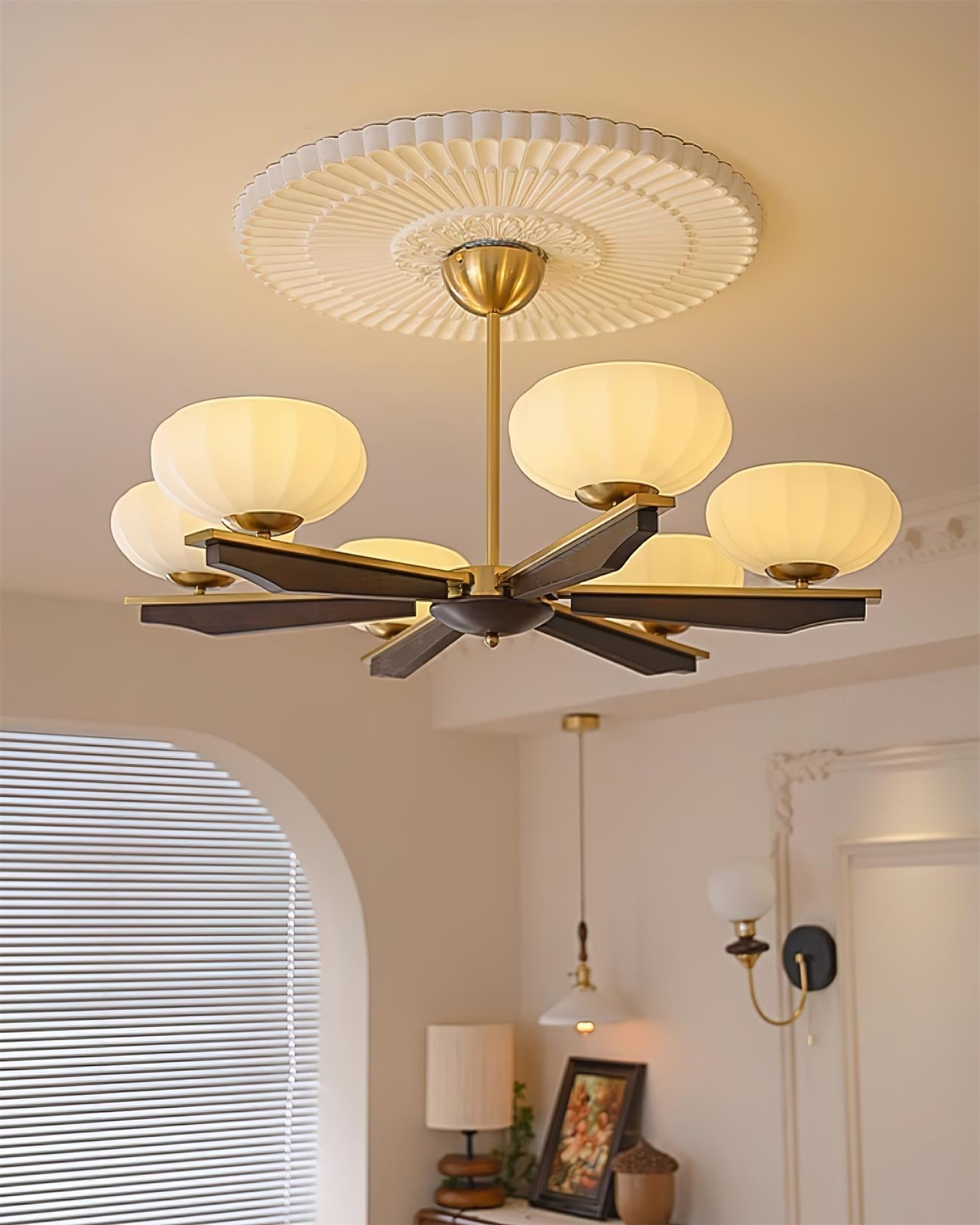 Chandelier Walnut Wood Arms and Opal Glass Shades Midcentury - Neutralighting