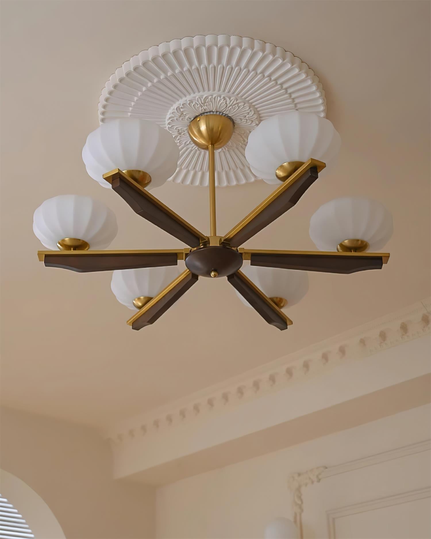 Chandelier Walnut Wood Arms and Opal Glass Shades Midcentury - Neutralighting