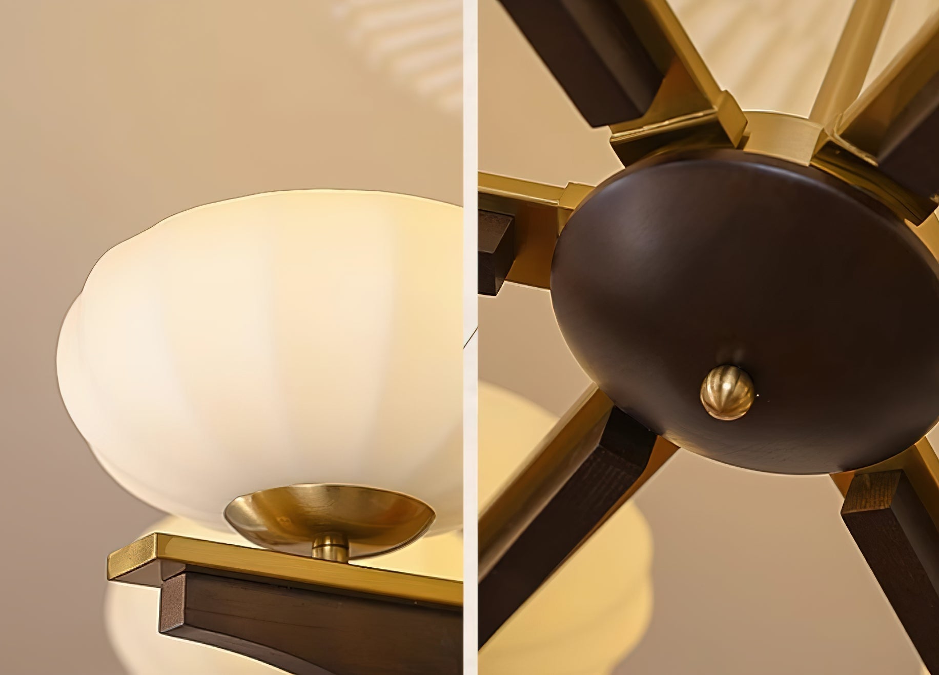 Chandelier Walnut Wood Arms and Opal Glass Shades Midcentury - Neutralighting