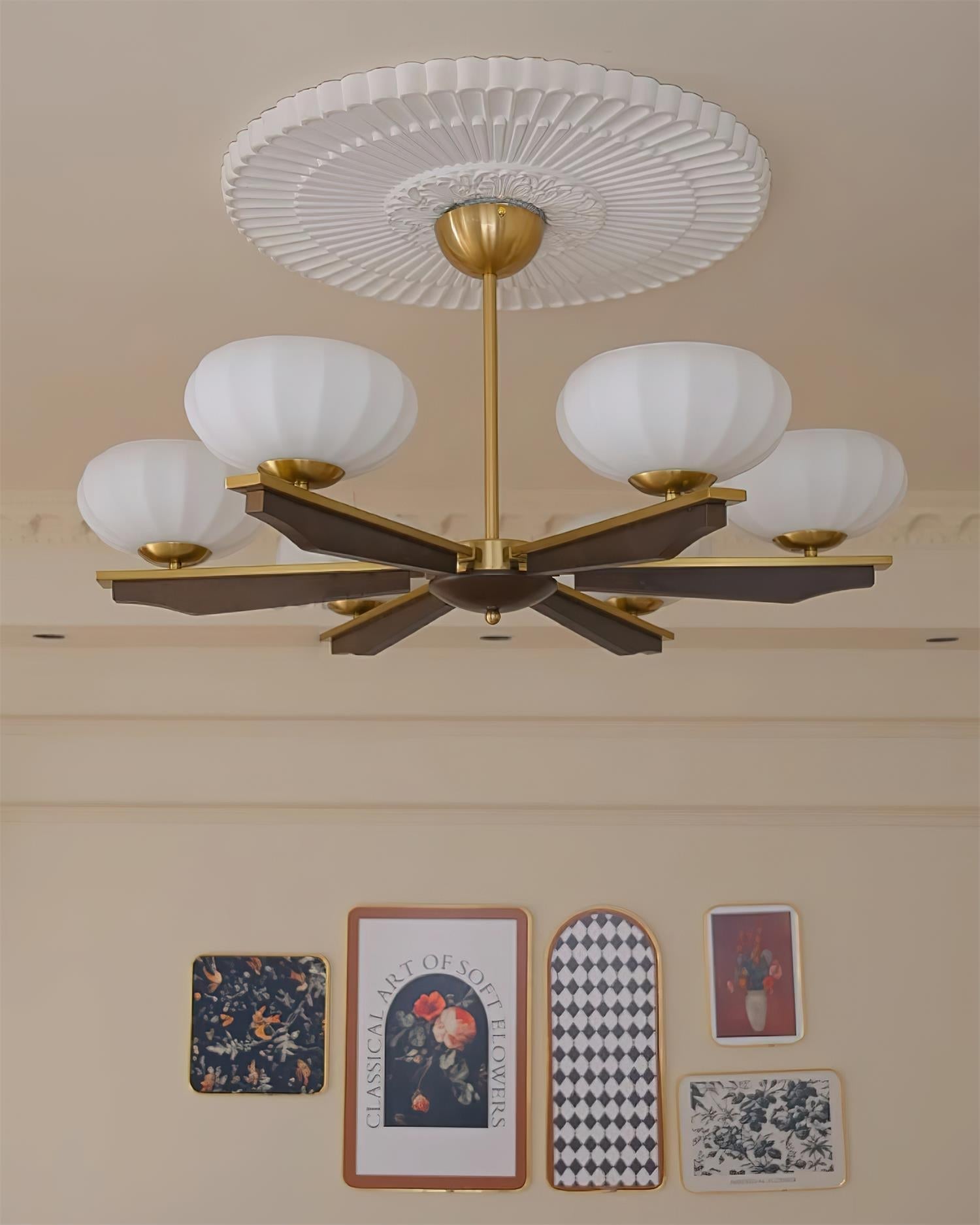 Chandelier Walnut Wood Arms and Opal Glass Shades Midcentury - Neutralighting
