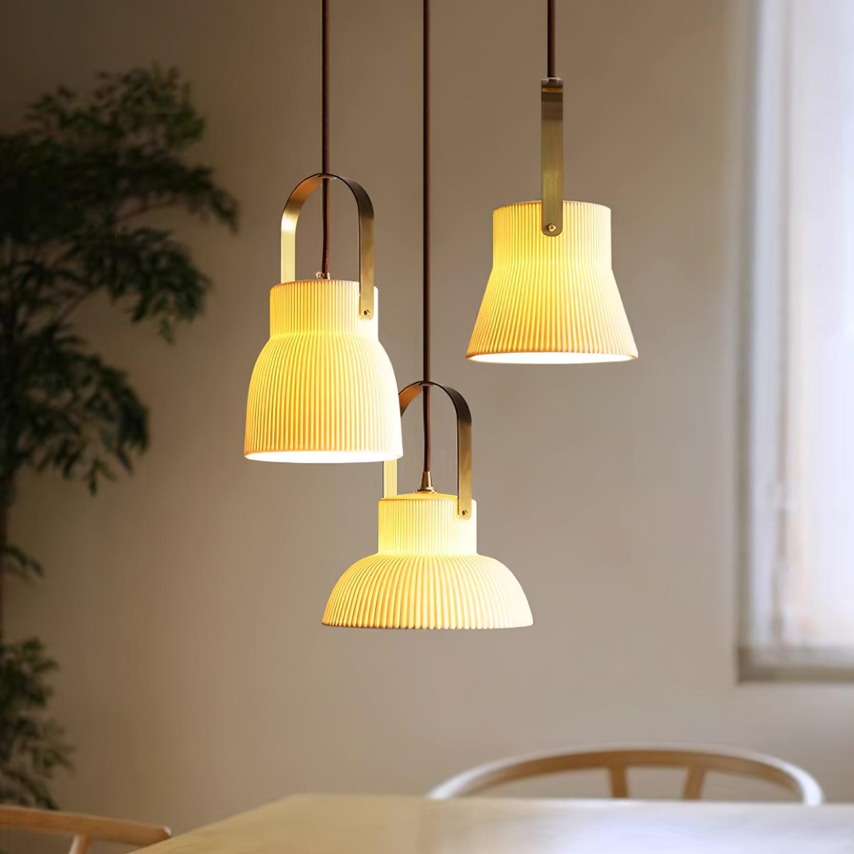 Pendant Lamp Ribbed White Ceramic with Brass Handle - Neutralighting