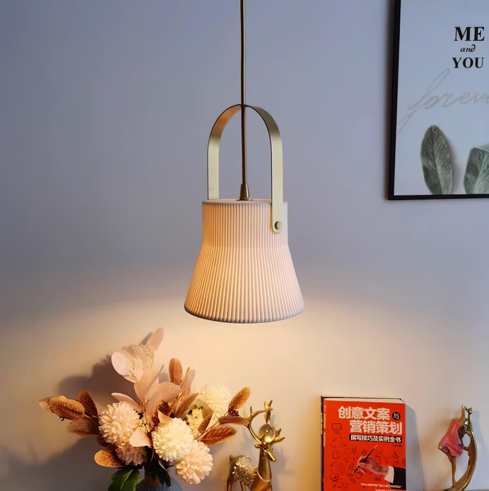 Pendant Lamp Ribbed White Ceramic with Brass Handle - Neutralighting