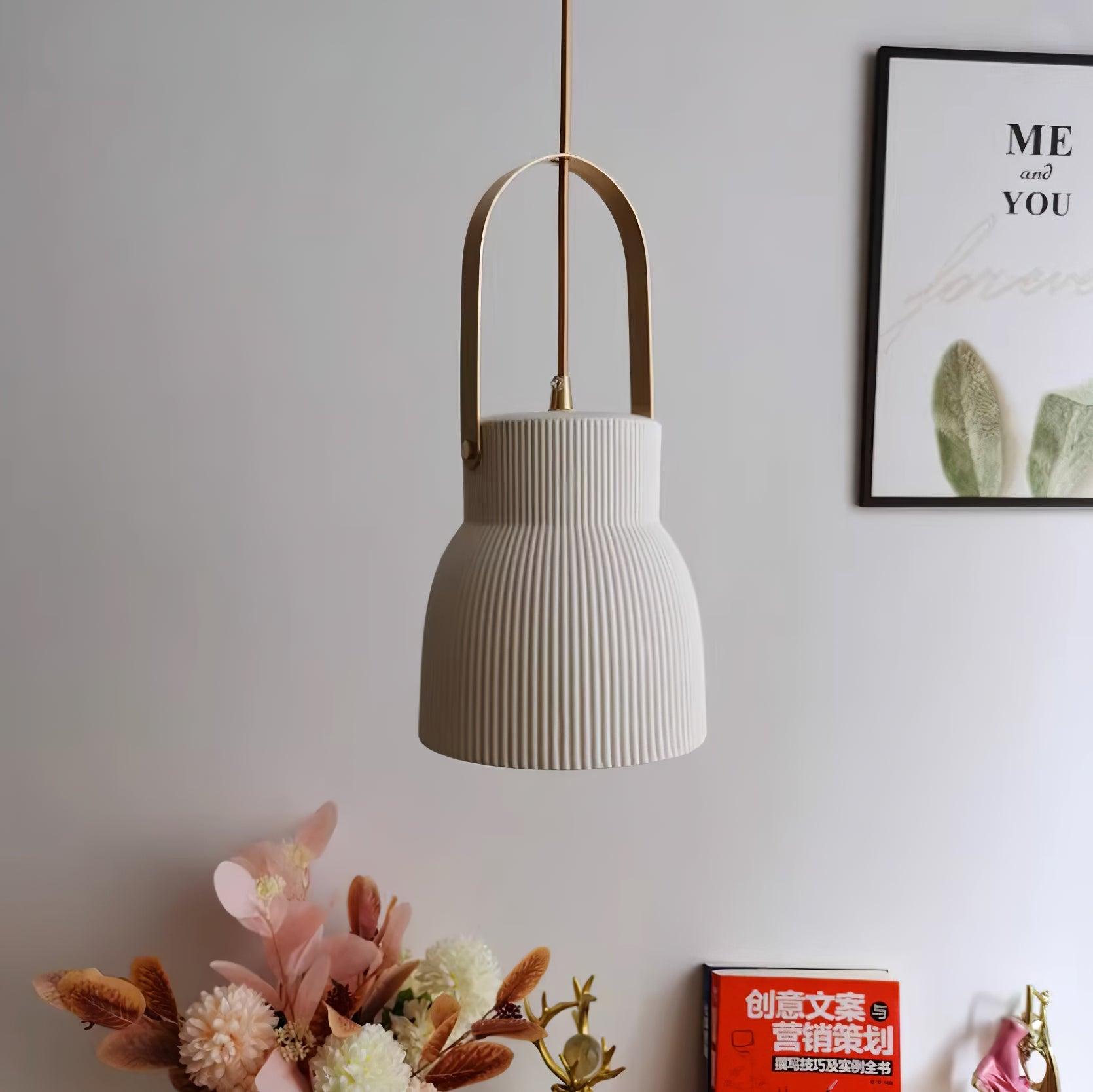 Pendant Lamp Ribbed White Ceramic with Brass Handle - Neutralighting