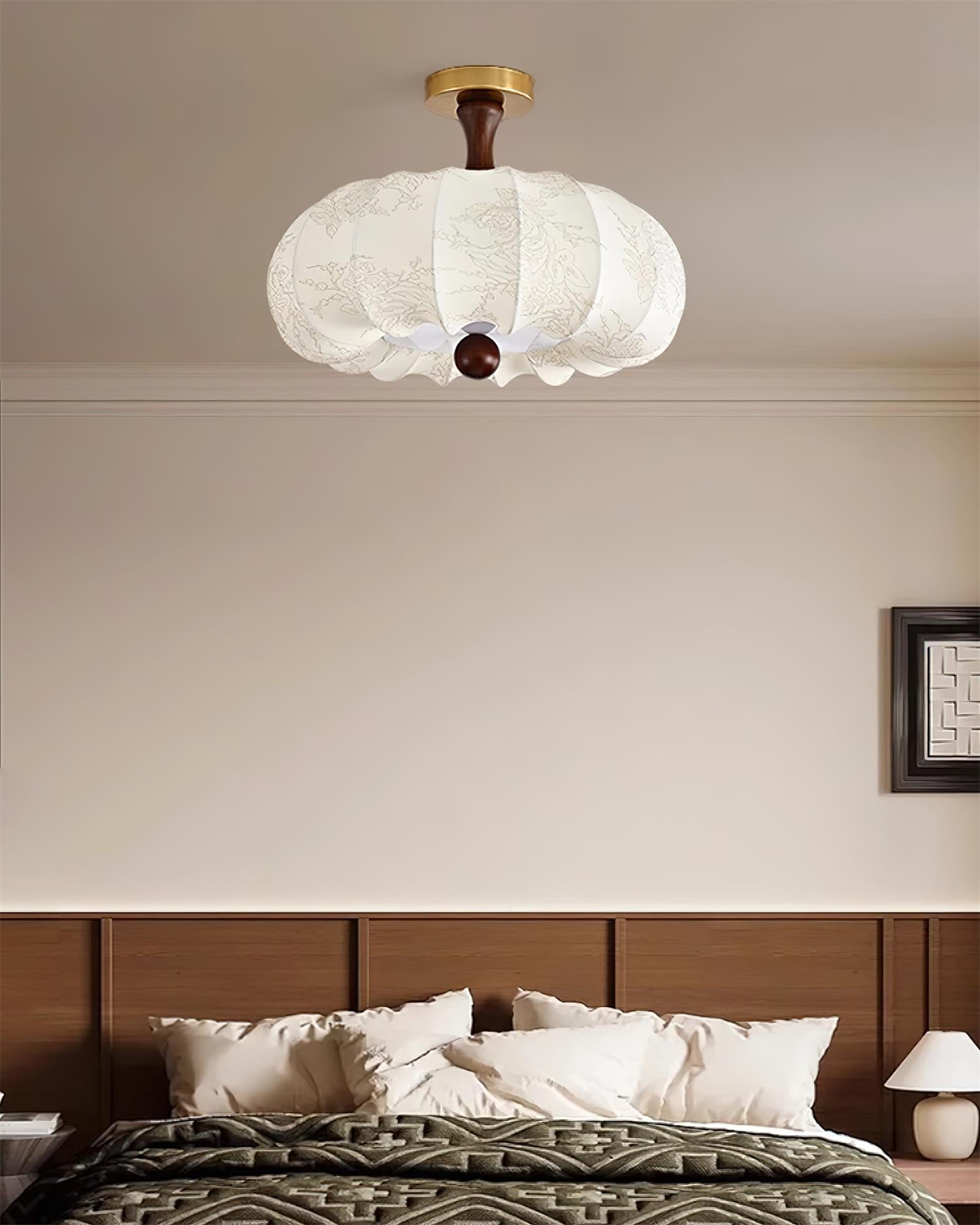 Ceiling Light Scalloped Fabric Shade Walnut Wood Canopy Vintage - Neutralighting