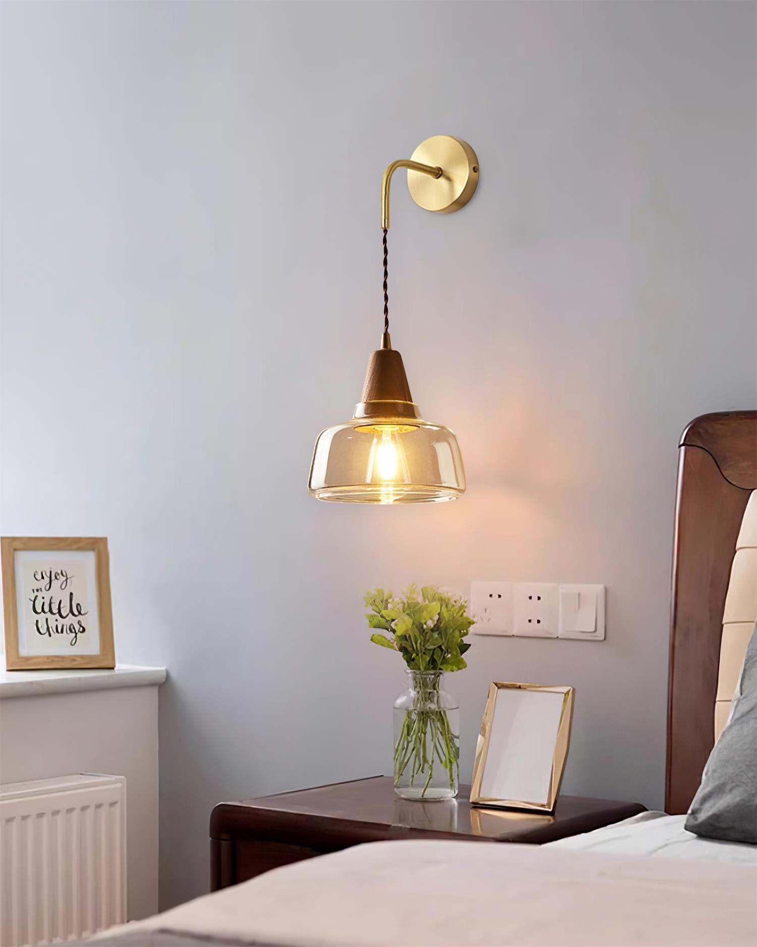 Wall Lamp Amber Glass Shade Tapered Walnut Accent Soft Glow Modern - Neutralighting