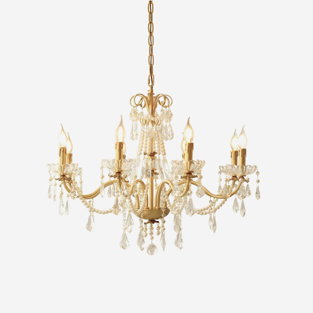 Chandelier Brass Body Crystal Pearl Drops Vintage Elegance - Neutralighting