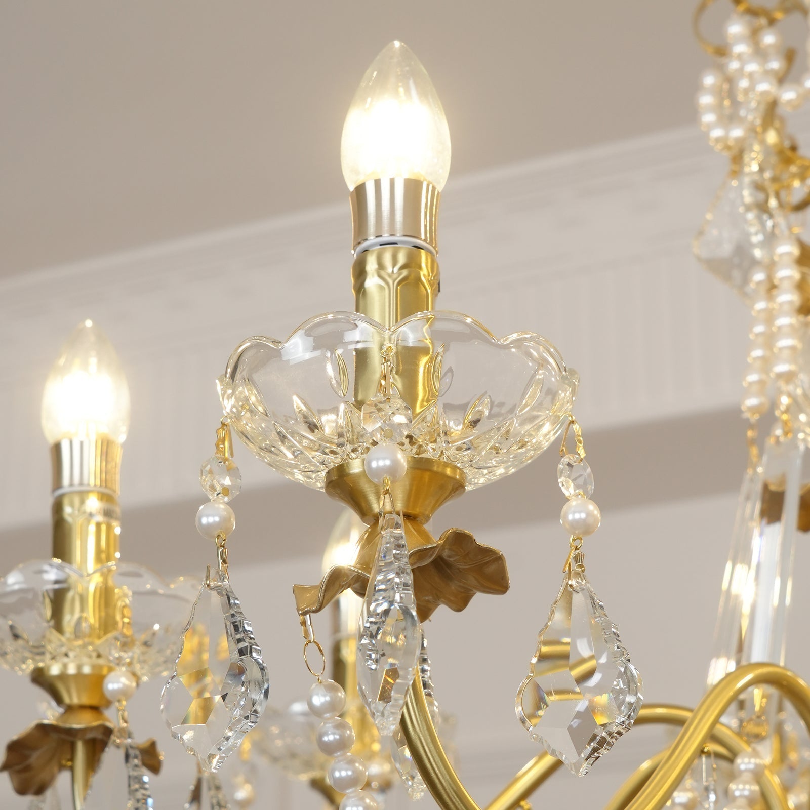 Chandelier Brass Body Crystal Pearl Drops Vintage Elegance - Neutralighting