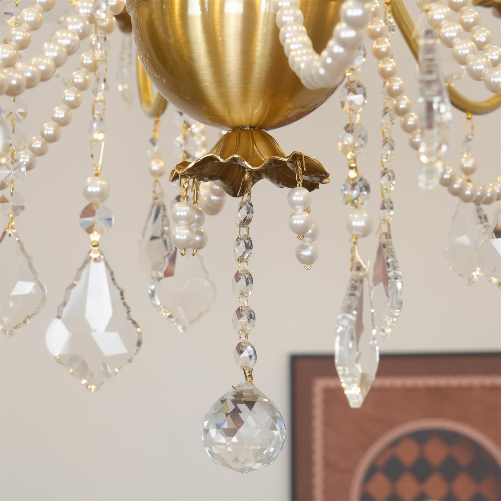 Chandelier Brass Body Crystal Pearl Drops Vintage Elegance - Neutralighting