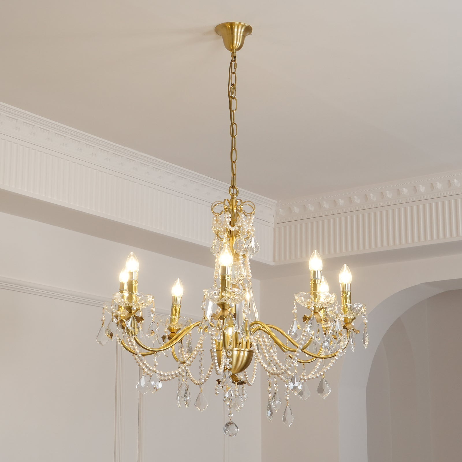 Chandelier Brass Body Crystal Pearl Drops Vintage Elegance - Neutralighting