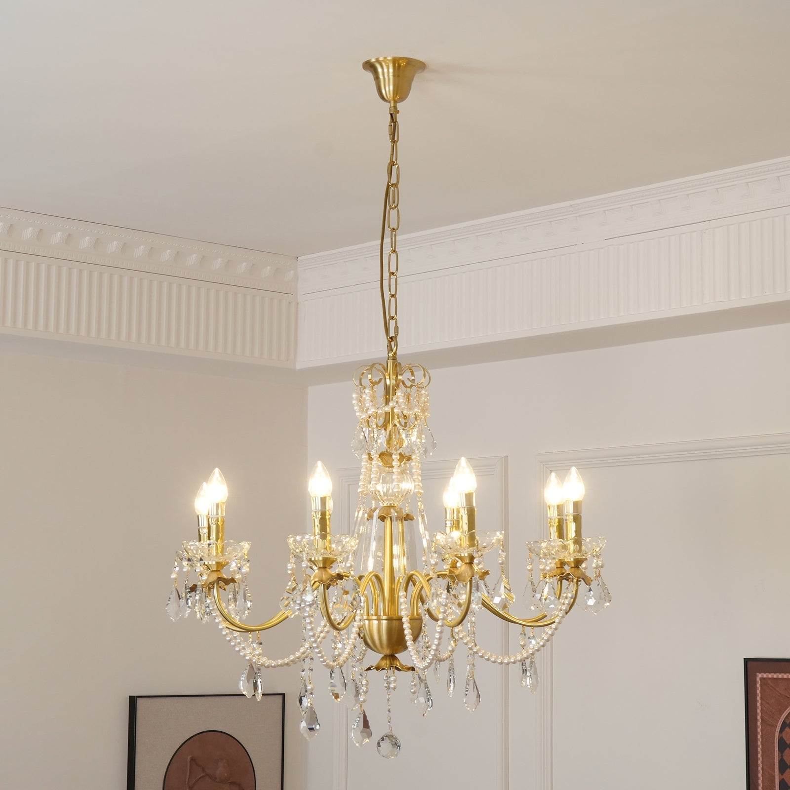 Chandelier Brass Body Crystal Pearl Drops Vintage Elegance - Neutralighting
