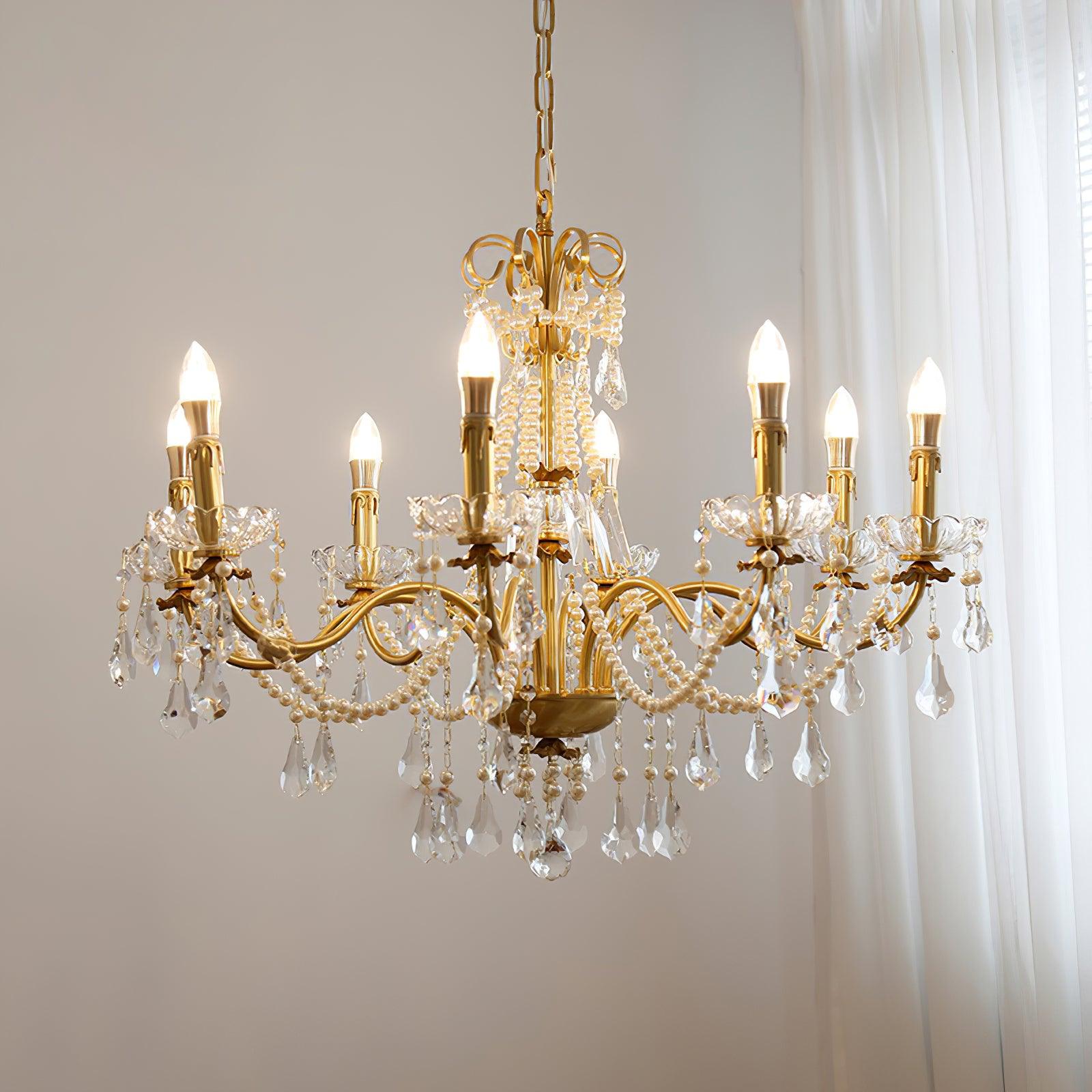 Chandelier Brass Body Crystal Pearl Drops Vintage Elegance - Neutralighting