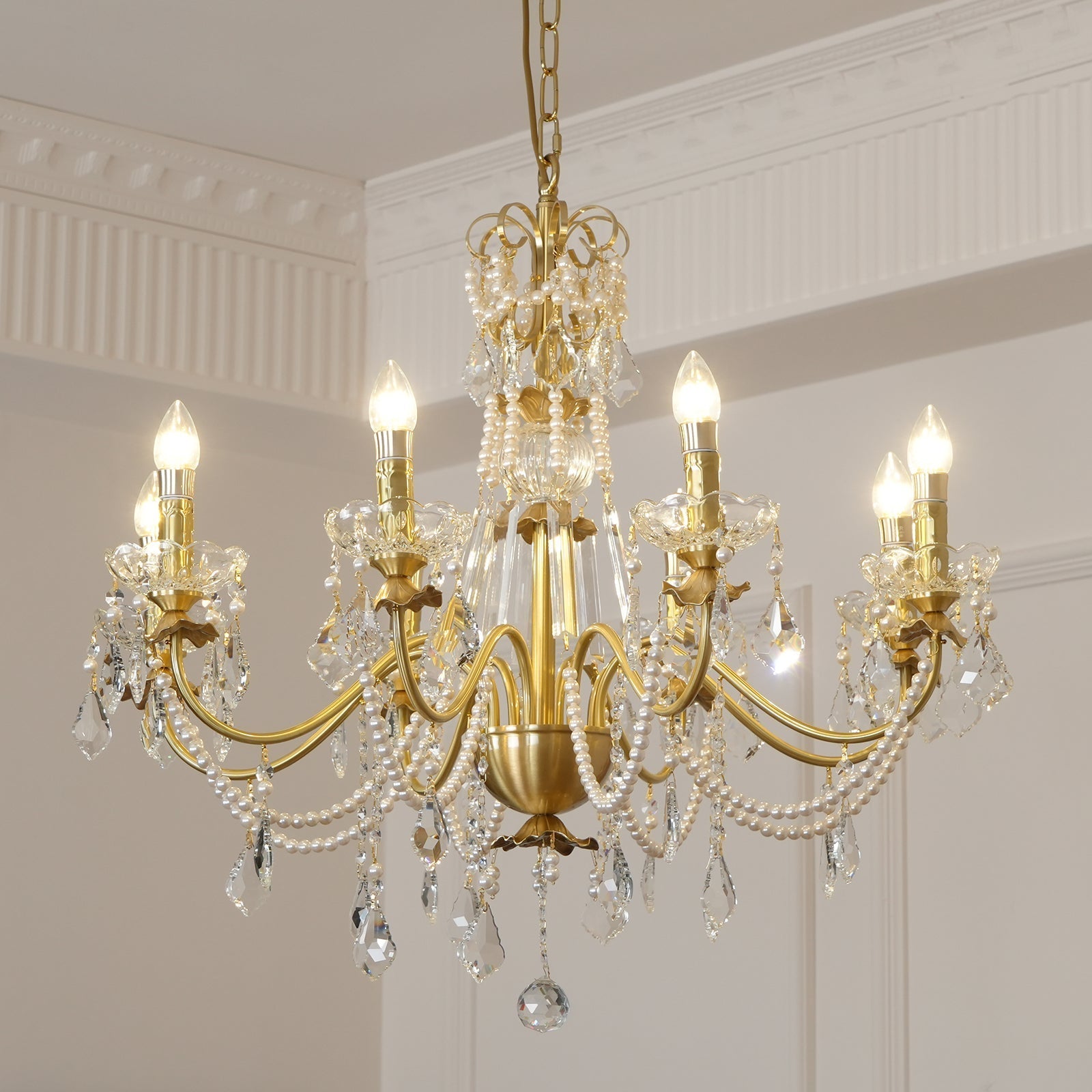 Chandelier Brass Body Crystal Pearl Drops Vintage Elegance - Neutralighting
