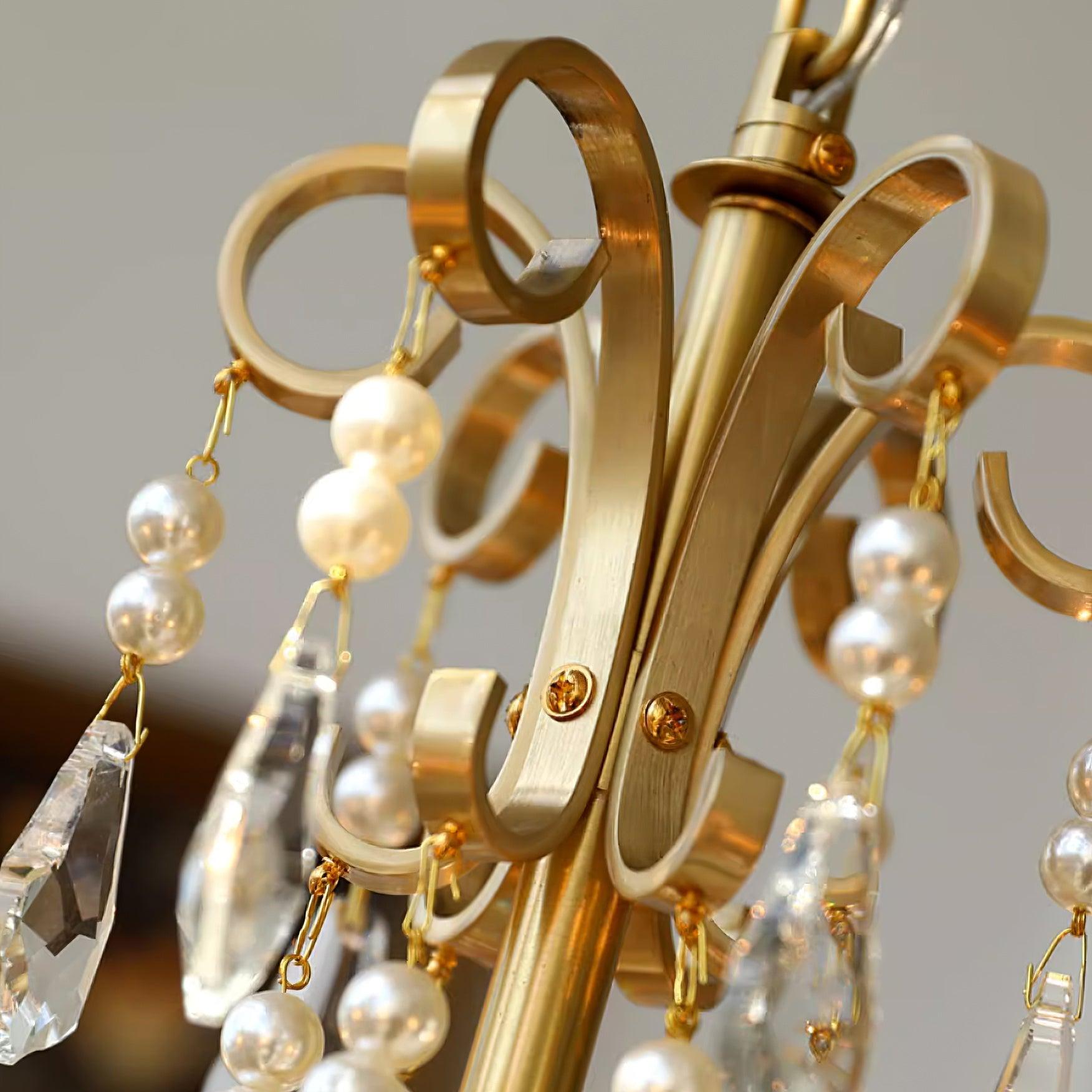 Chandelier Brass Body Crystal Pearl Drops Vintage Elegance - Neutralighting