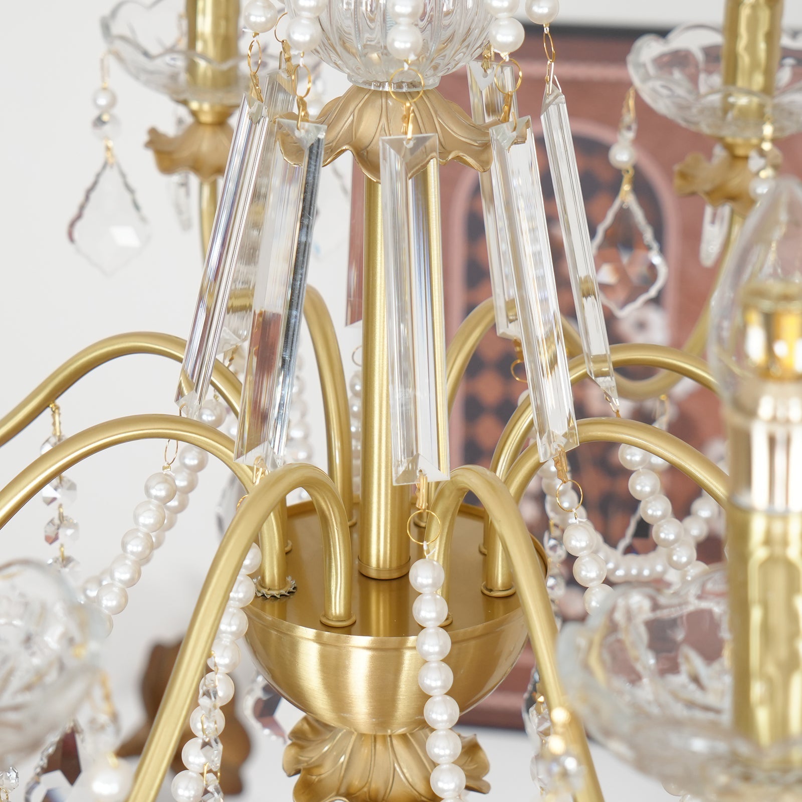 Chandelier Brass Body Crystal Pearl Drops Vintage Elegance - Neutralighting