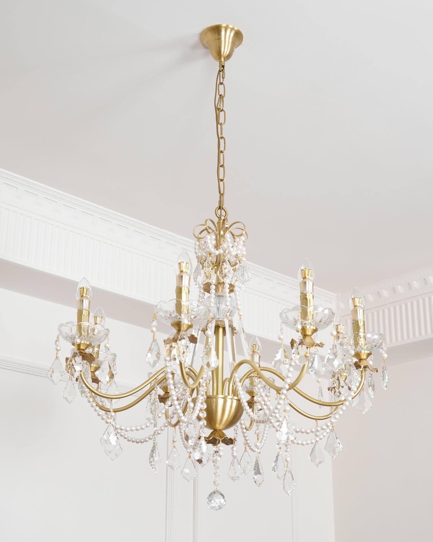 Chandelier Brass Body Crystal Pearl Drops Vintage Elegance - Neutralighting