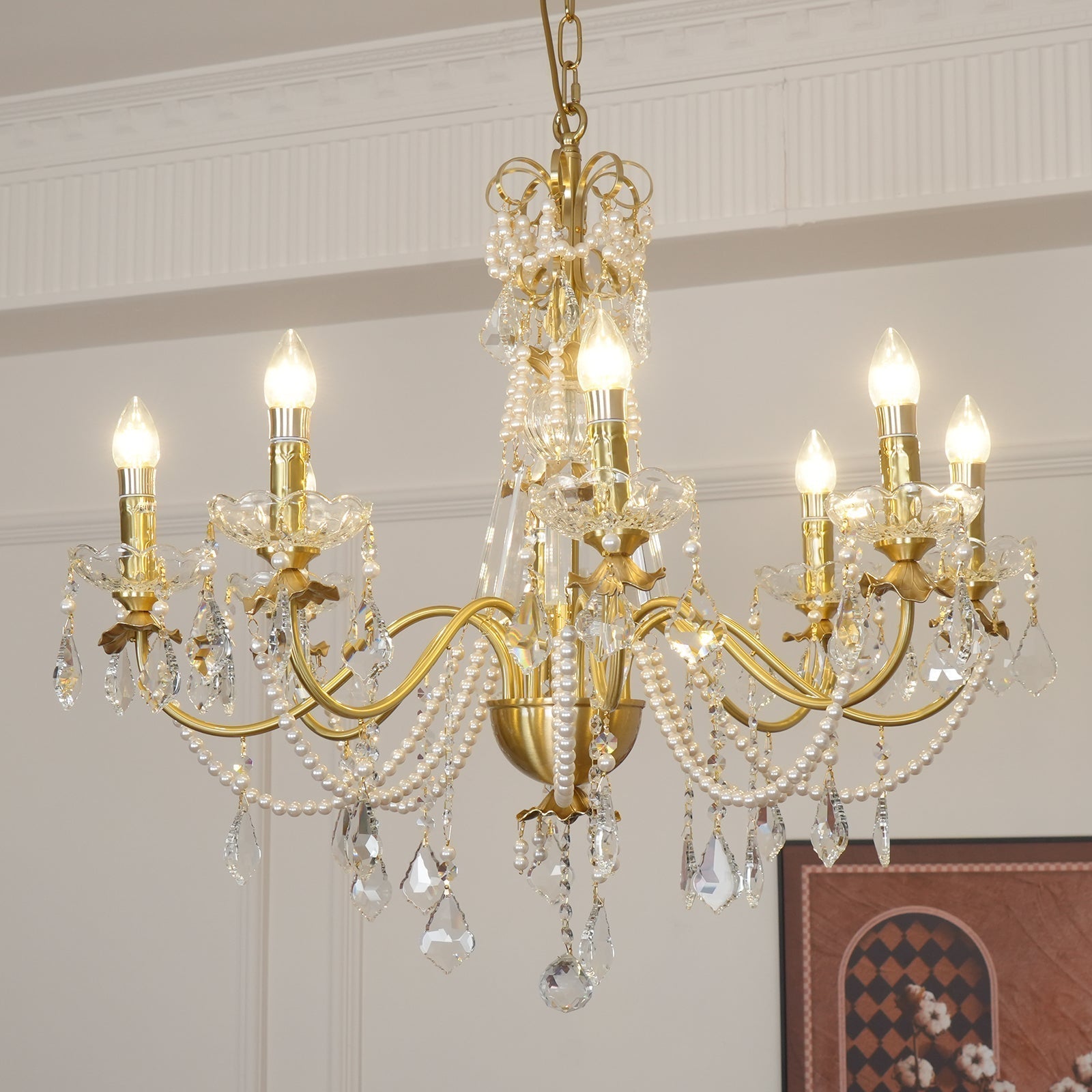 Chandelier Brass Body Crystal Pearl Drops Vintage Elegance - Neutralighting