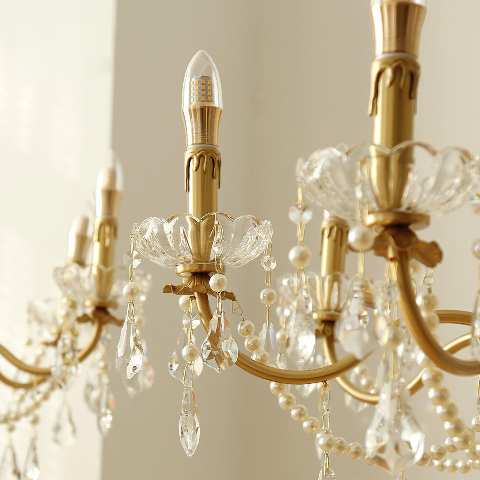 Chandelier Brass Body Crystal Pearl Drops Vintage Elegance - Neutralighting
