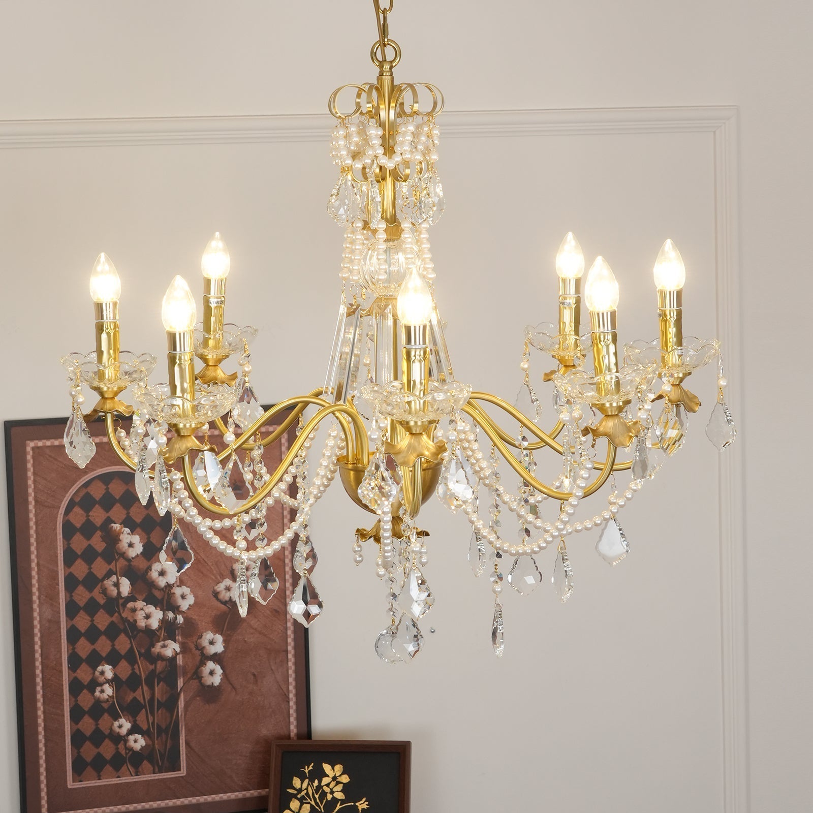Chandelier Brass Body Crystal Pearl Drops Vintage Elegance - Neutralighting