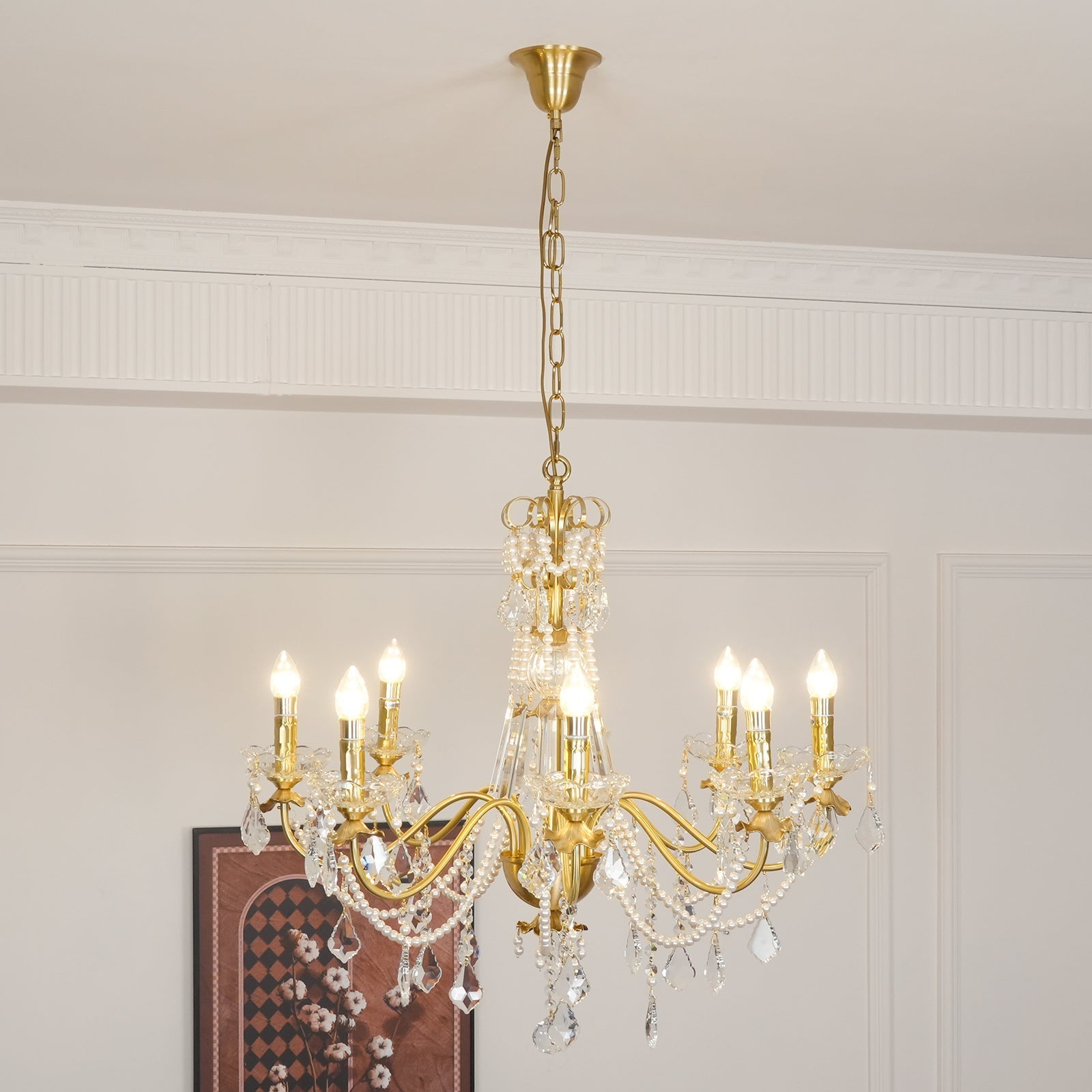Chandelier Brass Body Crystal Pearl Drops Vintage Elegance - Neutralighting