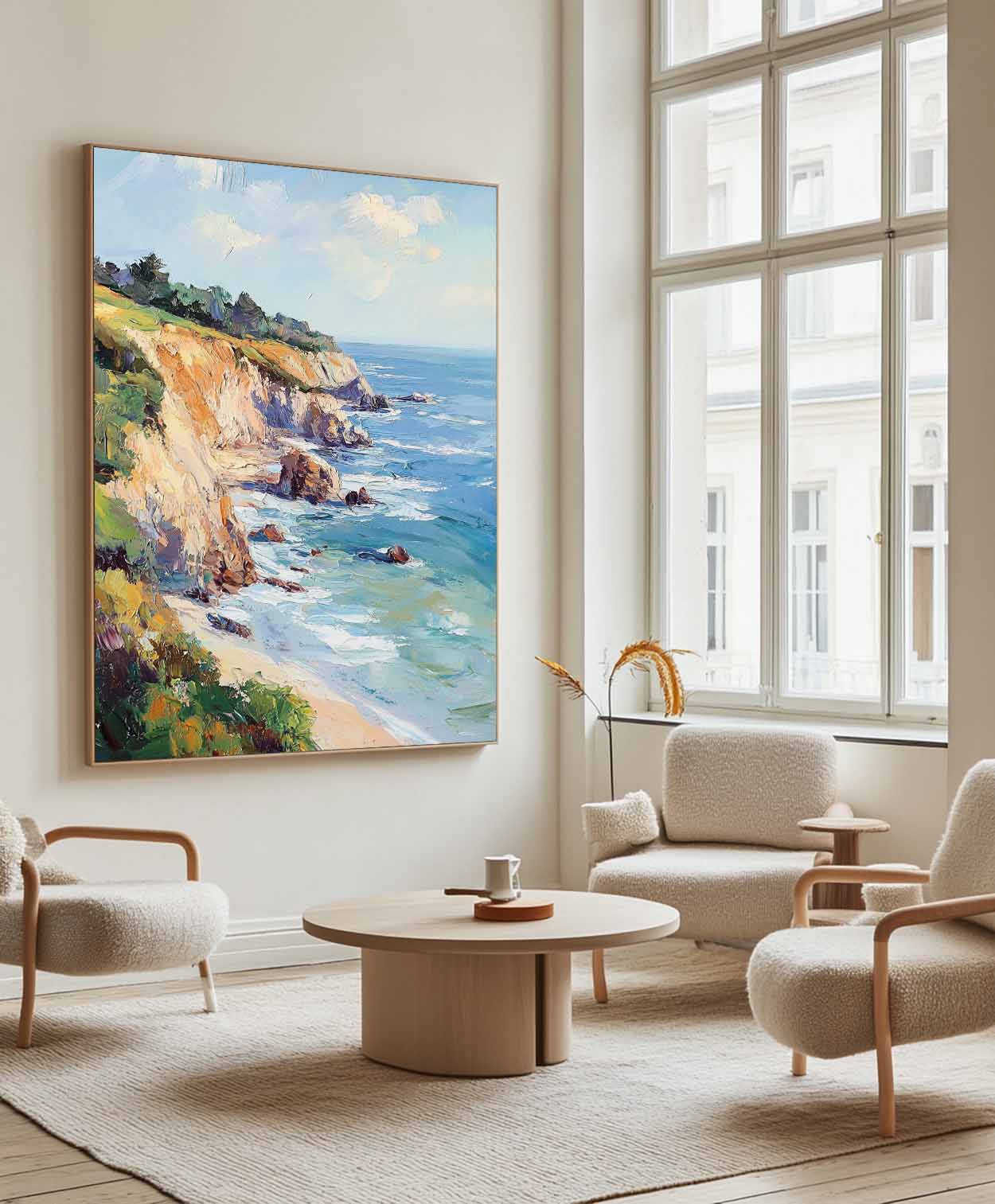 Blue‑Sand Tall Coastal‑Cliff Vibrant‑Seascape Artwork
