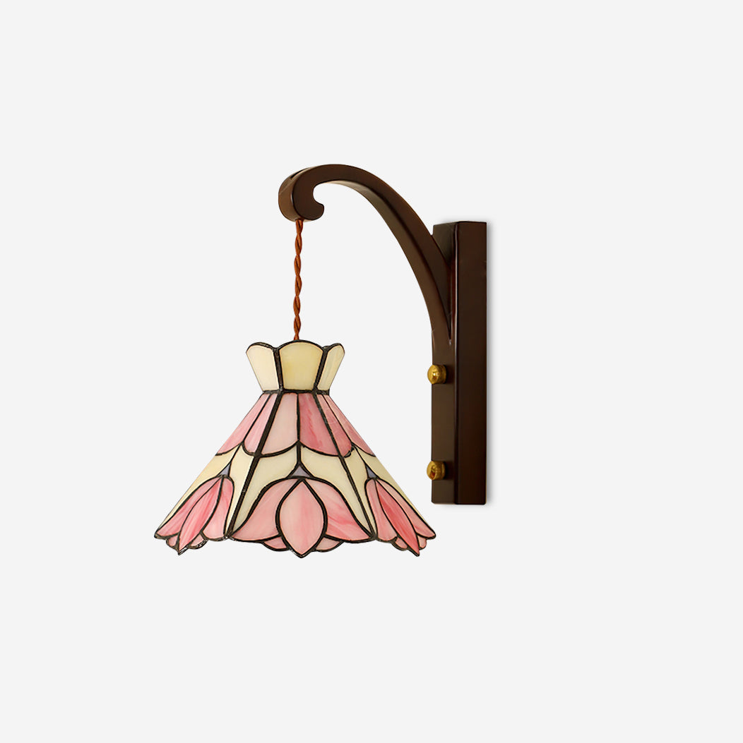 Wall Lamp Wood Body Tiffany Glass Shade Pink Floral Vintage Art - Neutralighting
