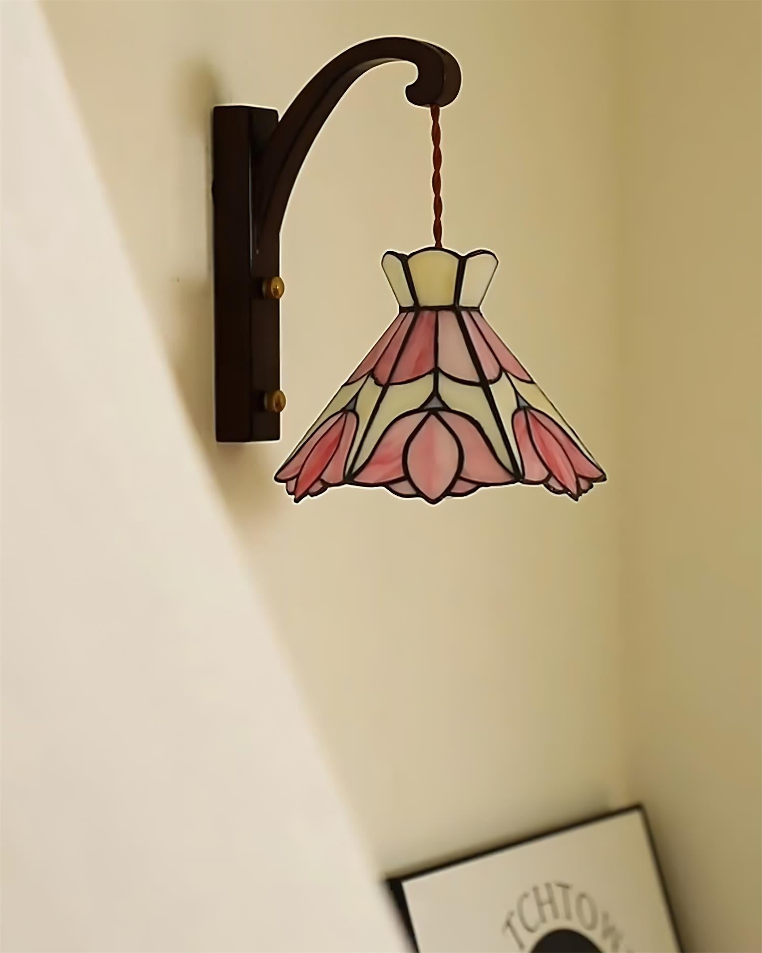 Wall Lamp Wood Body Tiffany Glass Shade Pink Floral Vintage Art - Neutralighting