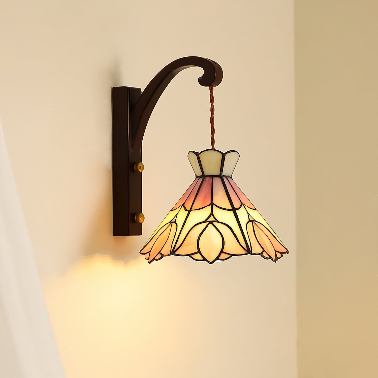 Wall Lamp Wood Body Tiffany Glass Shade Pink Floral Vintage Art - Neutralighting