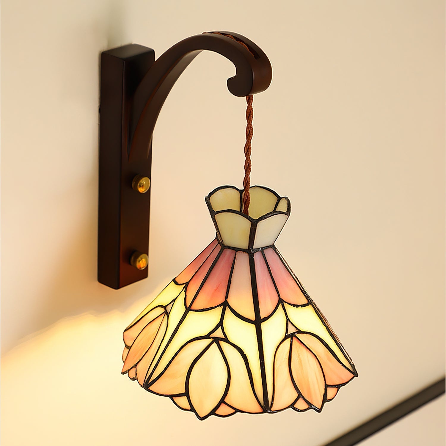 Wall Lamp Wood Body Tiffany Glass Shade Pink Floral Vintage Art - Neutralighting