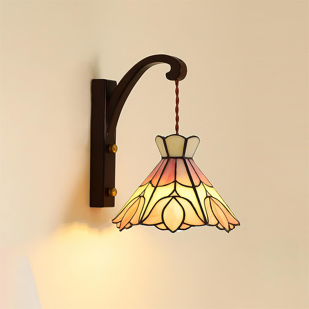 Wall Lamp Wood Body Tiffany Glass Shade Pink Floral Vintage Art - Neutralighting