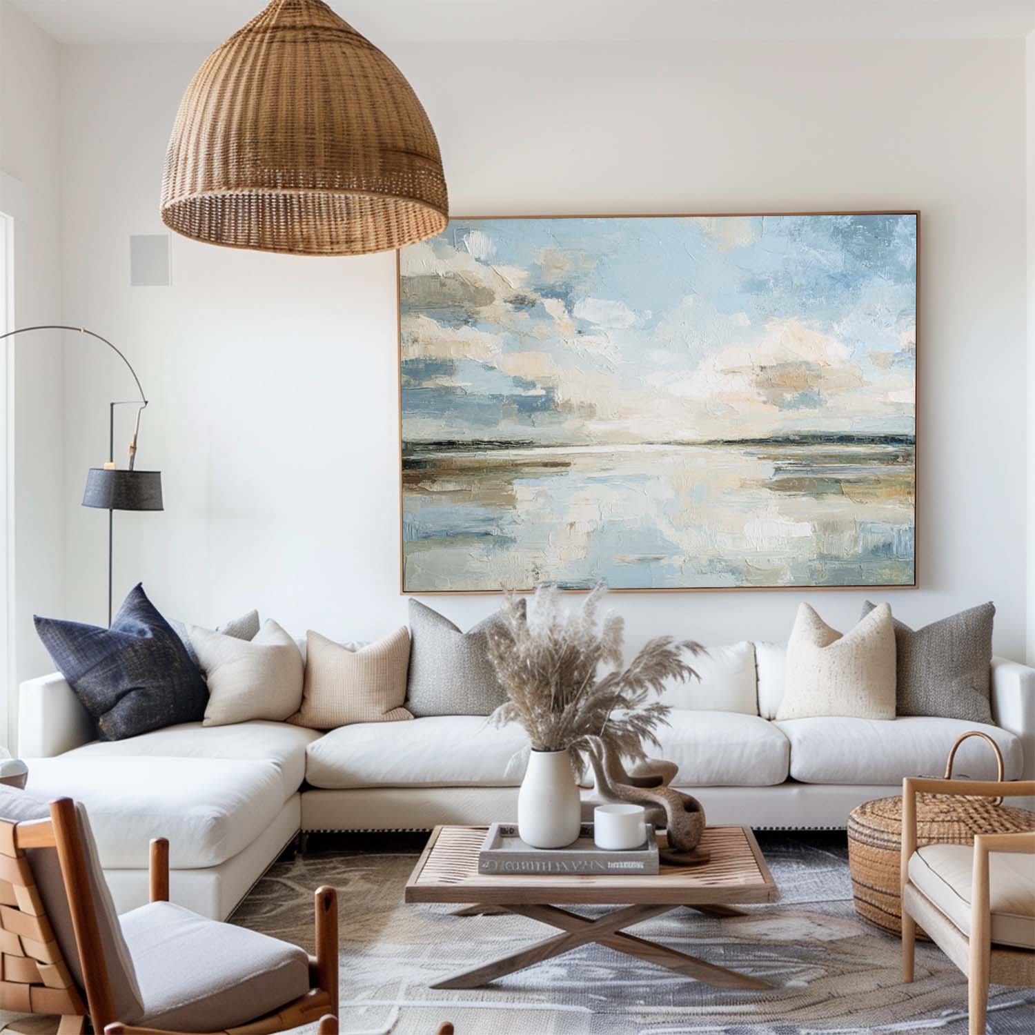 Blue‑Cream‑Beige Horizontal Impasto Abstract Coastal Seascape Artwork