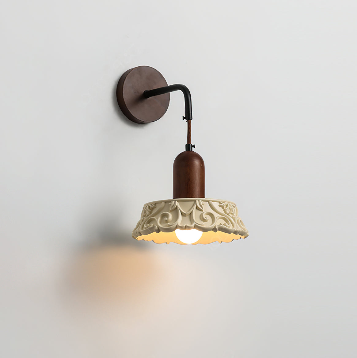 Wall Lamp with Carved Resin Shade Walnut Wood Arm Vintage - Neutralighting
