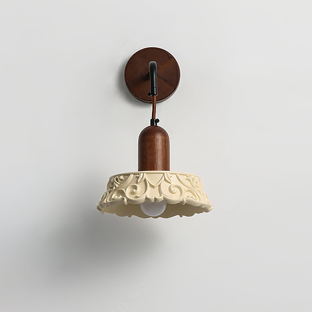 Wall Lamp with Carved Resin Shade Walnut Wood Arm Vintage - Neutralighting
