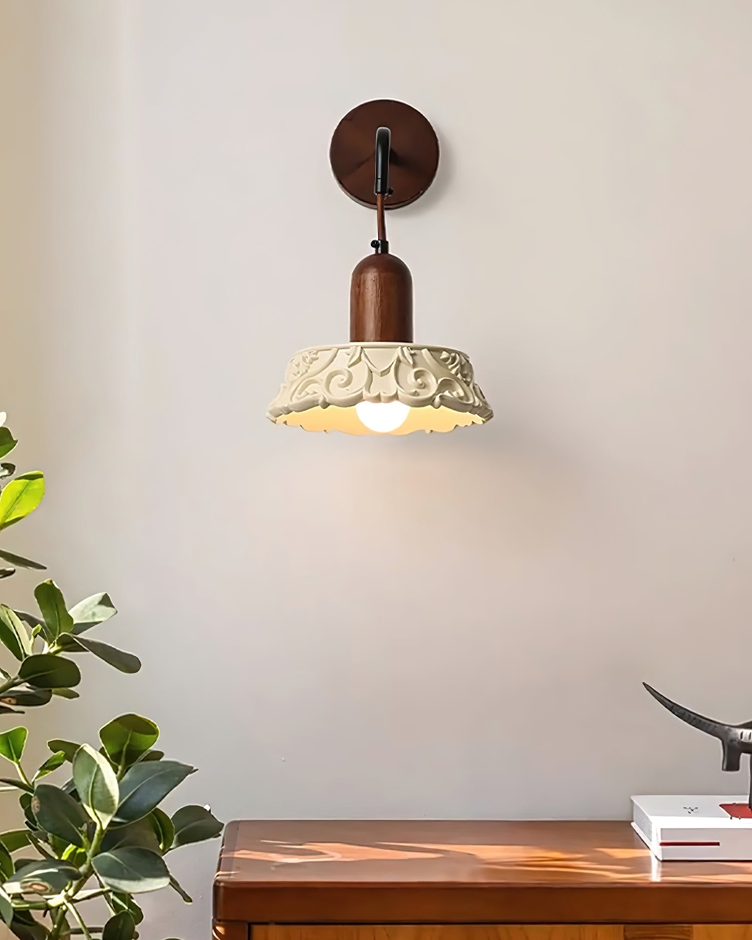 Wall Lamp with Carved Resin Shade Walnut Wood Arm Vintage - Neutralighting