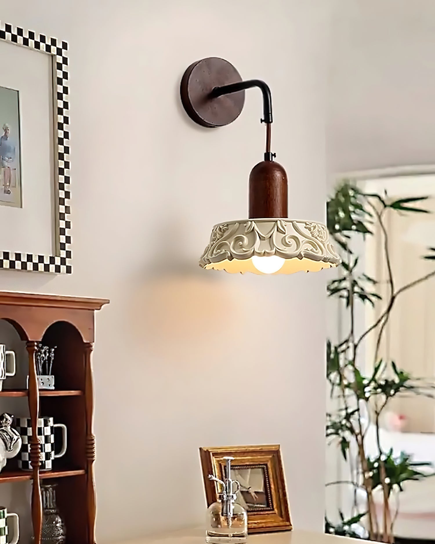 Wall Lamp with Carved Resin Shade Walnut Wood Arm Vintage - Neutralighting